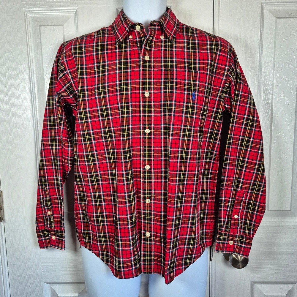 Ralph Lauren youth red plaid button down shirt boys large Christmas holidays‎